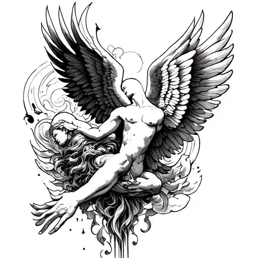 full arm blackwork tattoo design, greek mythology meets personal transformation, includes symbols of Icarus falling tattoo design idea