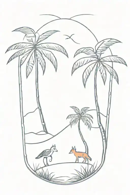 palm tree, island, grey fox tattoo design idea
