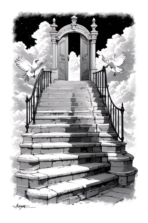 STAIRS LEADING TO HEAVEN DOORS WITH CLOUDS AROUND THE ALL OUTSIDE, DOORS WITH BARS, 2 DOVES INCLUDED tattoo design idea