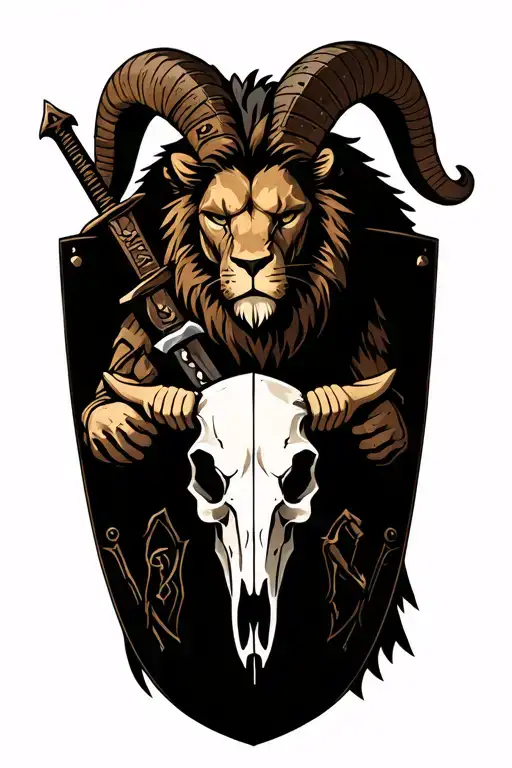humanoid lion warrior holding a sword and a shield with a ram skull drawn on it and it says the black sheep  tattoo design idea