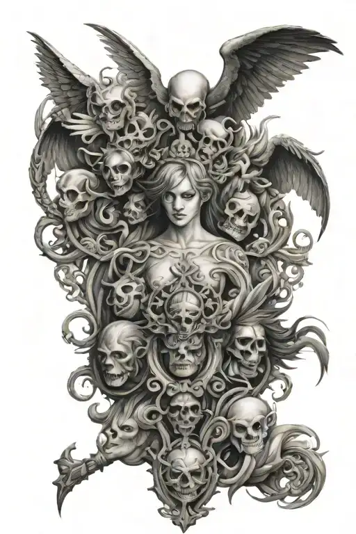 7 deadly sins vs 7 heavenly virtues tattoo design idea
