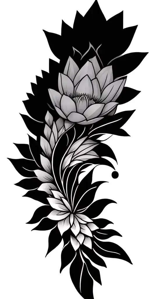 geometric lotus floral mandala design incorporating shading and high contrast but delicate linework tattoo design idea