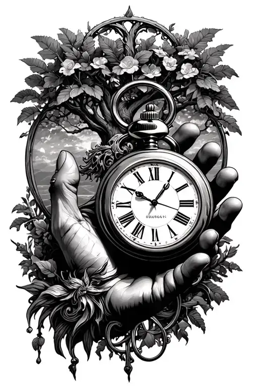 chronos god of time time holding pocket watch and tree of life in backround tattoo design idea