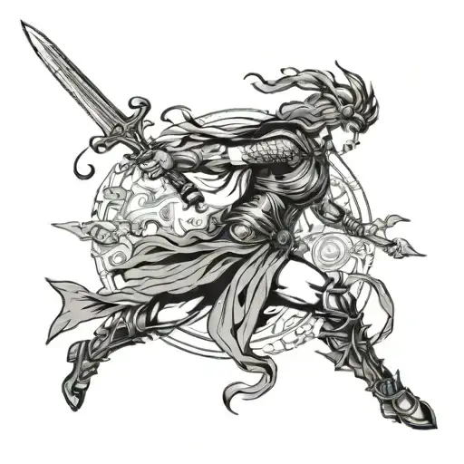 back tattoo of Valkyrie holding sword running down spine tattoo design idea