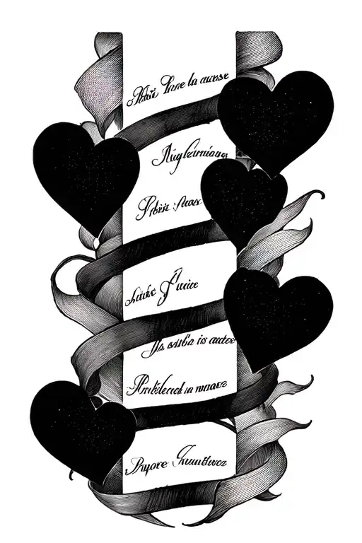 Blackwork tattoo design to cover an existing tattoo on the calf (vertical line of six black hearts with names). The cove tattoo design idea
