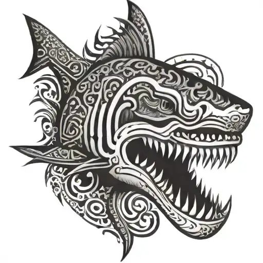 shark jaw in Polynesian tribal patterns tattoo design idea