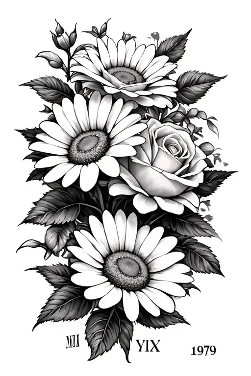 daisy's and roses with 1979 Roman numerals tattoo design idea