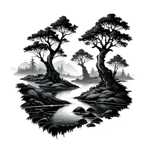 4 trees with scenic stream tattoo design idea