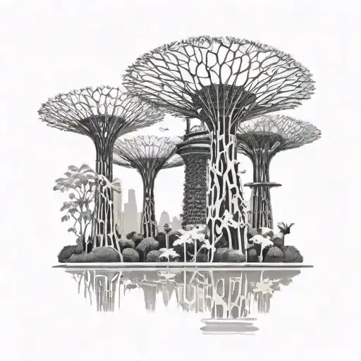 Gardens by the bay supertree with some baobabs at the back tattoo design idea