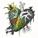 Realistic heart bleeding, black Dark Green green-Yellow grey, Veiny Vessels decaying rotting dying moldy tattoo design idea