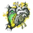 Realistic heart bleeding, black Dark Green green-Yellow grey, Veiny Vessels decaying rotting dying moldy tattoo design idea