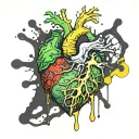 Realistic heart bleeding, black Dark Green green-Yellow grey, Veiny Vessels decaying rotting dying moldy tattoo design idea