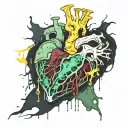 Realistic heart bleeding, black Dark Green green-Yellow grey, Veiny Vessels decaying rotting dying moldy tattoo design idea