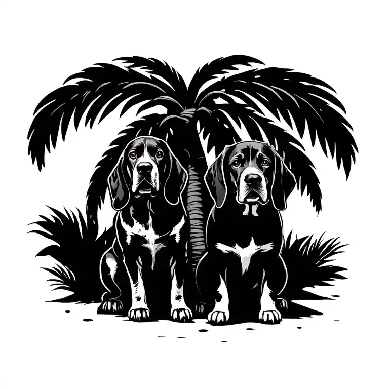 palm tree with basset hound and lab sitting together tattoo design idea