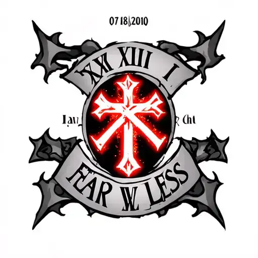 loin with the words "fear less" and a cross with an red glow, also the Roman numeral for 07/18/2010 tattoo design idea