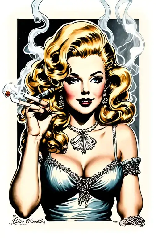 Blonde PIn up girl smoking a joint tattoo design idea
