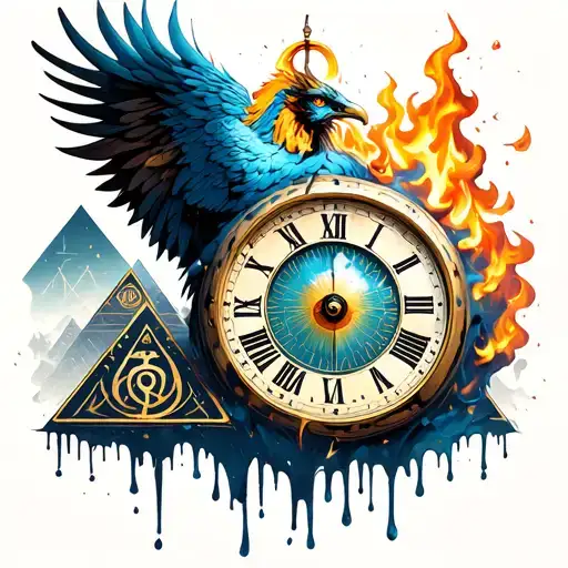 "possunt, quia posse videntur"" phoenix rising from ashes, clock face melting, illuminati pyramid with eye of Horus in the distance with occult symbols  tattoo design idea