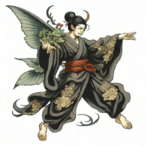 fairy male flying, mysterious and atractive.  tattoo design idea