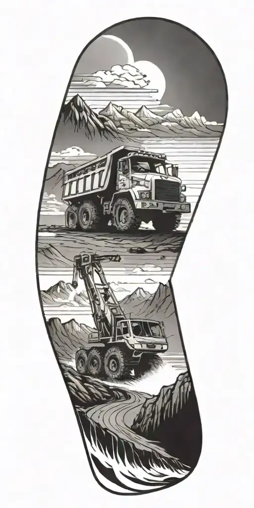 A black-grey tattoo of a road construction vehicle against a backdrop of rugged mountains and a fiery sunset tattoo design idea