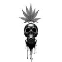 composition,black robot skull with gas mask,marijuana leaves in the background,dripping blood tattoo design idea