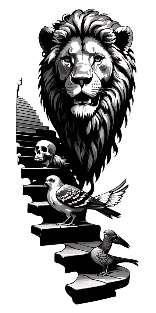 Stairs as a life path, lion head, pigeon, guardian angel, skull and a time should describe the path of life. tattoo design idea