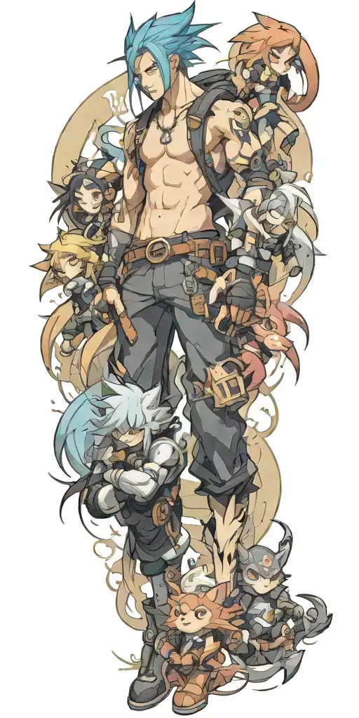 tattoo with five characters from league of legends, full body view, for man tattoo design idea