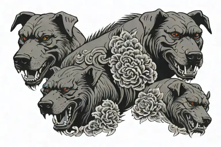 Irezumi style Cerberus with 3 heads snarling Doberman Chest Crest tattoo design idea