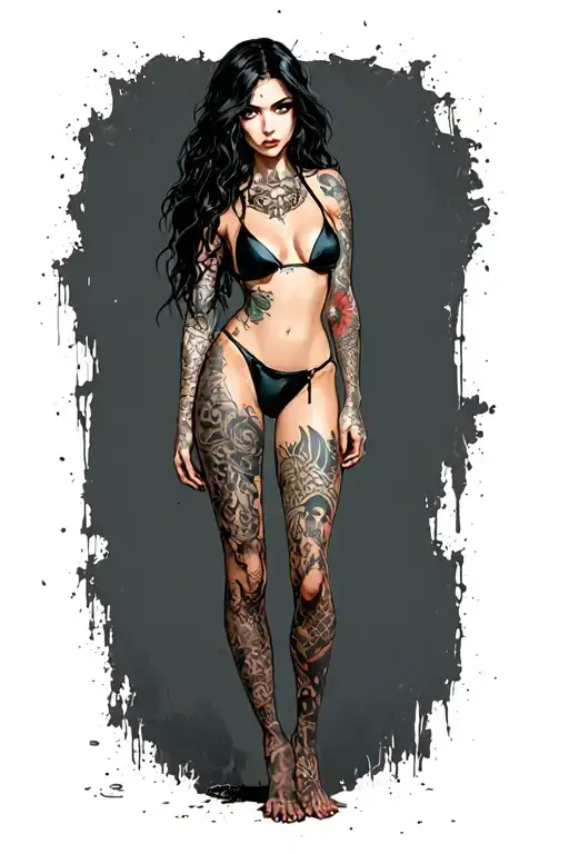 Sexy girl, petite, small boobs, wide hips, bikini . long hair,sexual. Seductive. Full Body, standing with legs and feet tattoo design idea