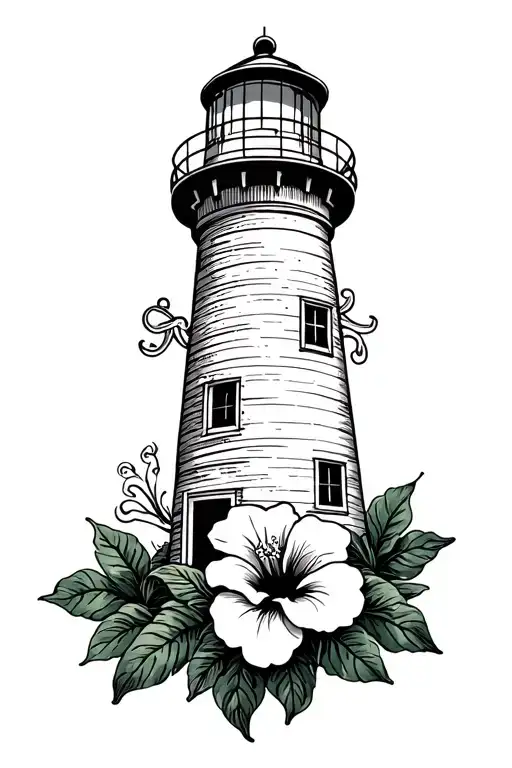 lighthouse with anchor and hibiscus flower tattoo design idea