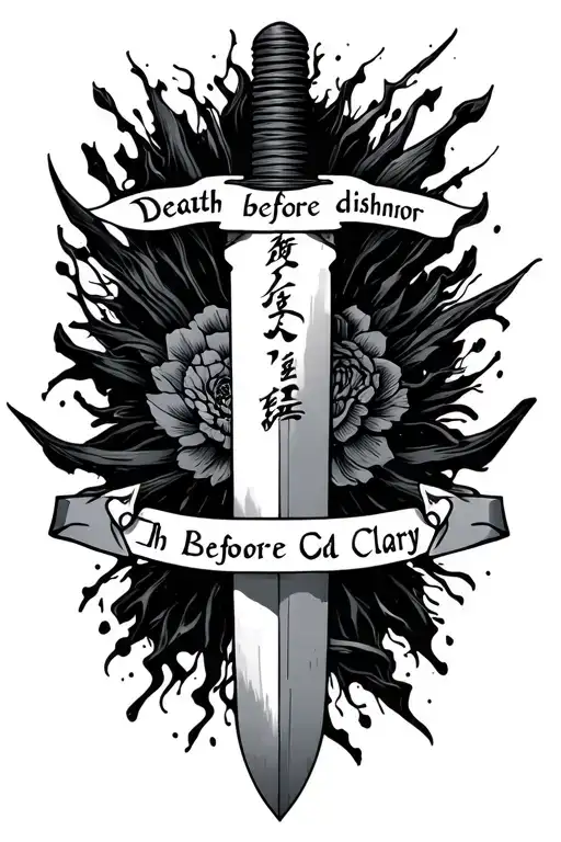 seppuku blade with words death before dishonor surrounding blade and have the name Clary inside of the blade tattoo design idea
