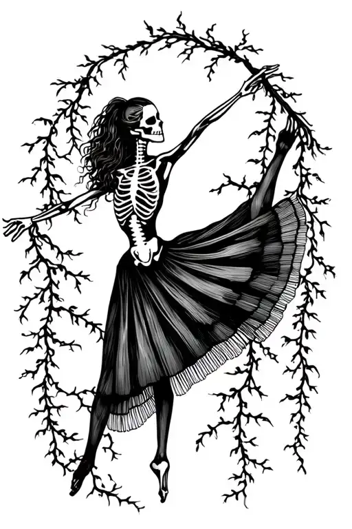 skeleton ballet dancer gracefully balancing with vines tattoo design idea