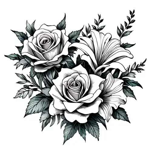 A floral tattoo design with roses and lilies, where the petals spell out the names Brandon and Donna in a creative and romantic way tattoo design idea