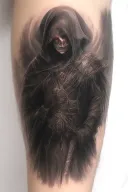 angel of death, in a black tattered cloak with a hood, with red eyes with a glare, with a katana tattoo design idea