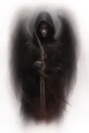 angel of death, in a black tattered cloak with a hood, with red eyes with a glare, with a katana tattoo design idea