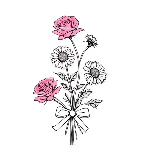 dainty, fine line, and extremely simple and small bouquet of four flowers with a bow. two roses, one aster, and one Chry tattoo design idea