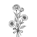 dainty, fine line, and extremely simple and small bouquet of four flowers with a bow. two roses, one aster, and one Chry tattoo design idea
