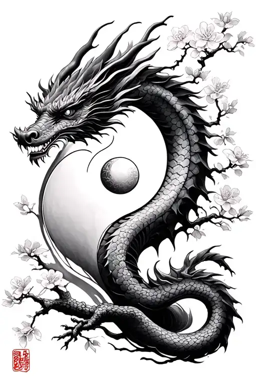 Samurai Dragon Yin Yang Cherry Blossom Tree tattoo design idea