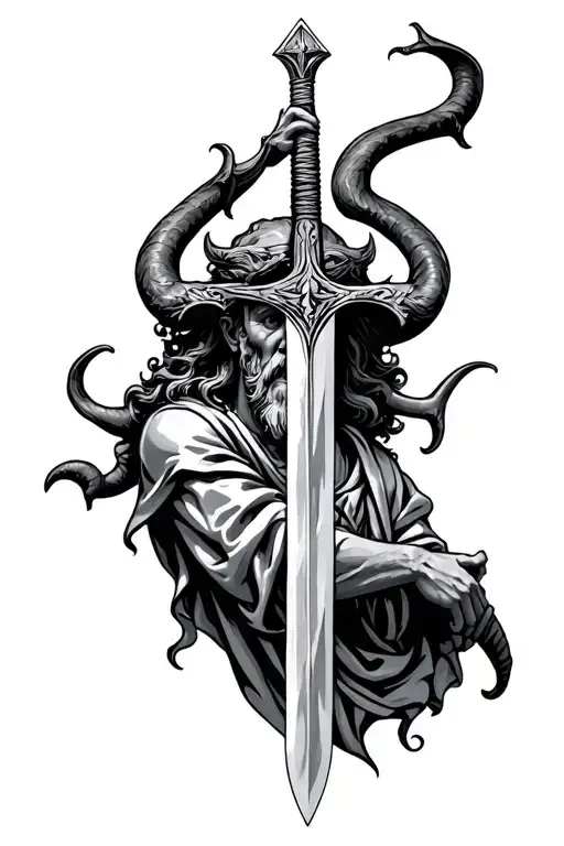 Saint Peter's sword piercing through satan tattoo design idea