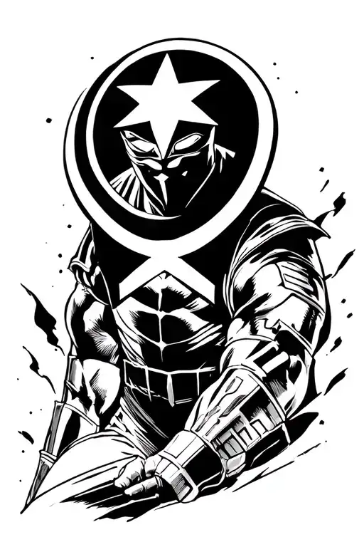 Blackwork-style tattoo design for the leg. It depicts an anonymous superhero with a circular shield featuring a star in  tattoo design idea
