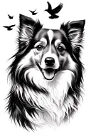 semi colon and portait of a sheltie with birds flying up tattoo design idea