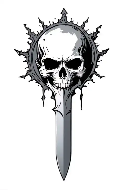 serrated blade, skull head, massacre, sejmitar tattoo design idea