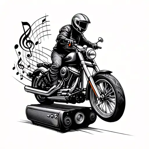 a motorcycle riding on top of a musical portable and emitting musical notes from the exhaust tube tattoo design idea