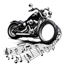 a motorcycle riding on top of a musical portable and emitting musical notes from the exhaust tube tattoo design idea