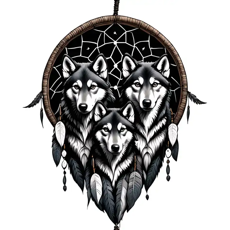 Three wolf pups inside A Dream catcher tattoo design idea