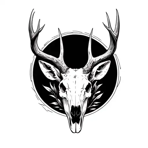 Deer skull in blackwork tattoo style with long antlers, highly detailed, monochrome, bold lines, dark shading, symmetric tattoo design idea