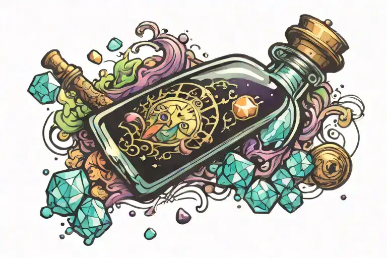 potion bottle with crystals being dispersed tattoo design idea