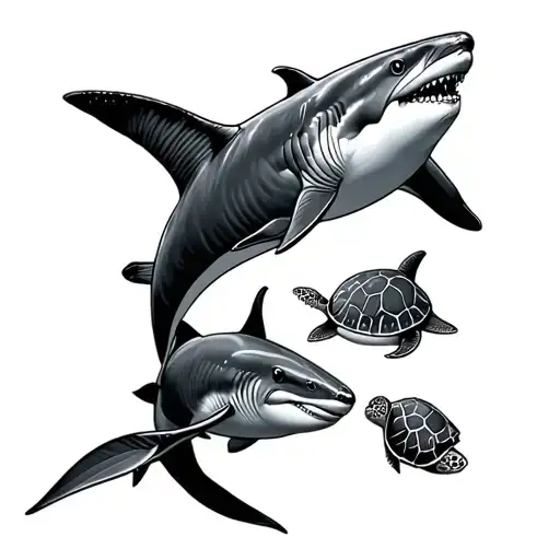 sea life including shark, whale, dolphins, turtle, manta ray tattoo design idea