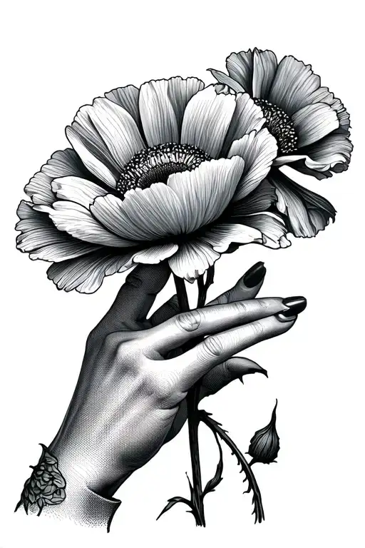 coquelicot flowers covering hand reaching tattoo design idea