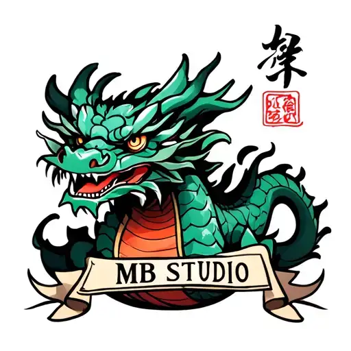 Japanese style dragon with banner that says "MB Studio" with tradicional japanese colors tattoo design idea