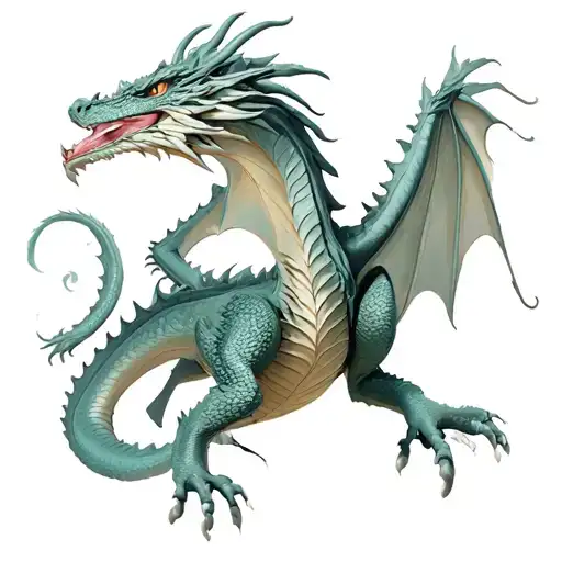 Hyper Realistic Dragon, full body view, Both Wings Open, Facing towards me, Background with mystic waves. tattoo design idea